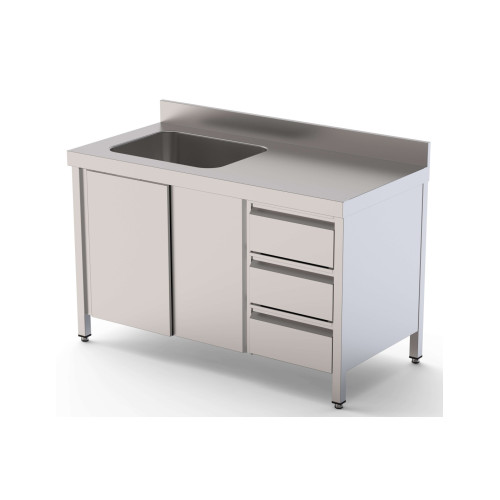 Mesa de Trabajo Acero Inoxidable Mural Con Puertas y Con Cubeta a la Derecha y Cajones 2400x600x850h mm WTW16024RBSDDL