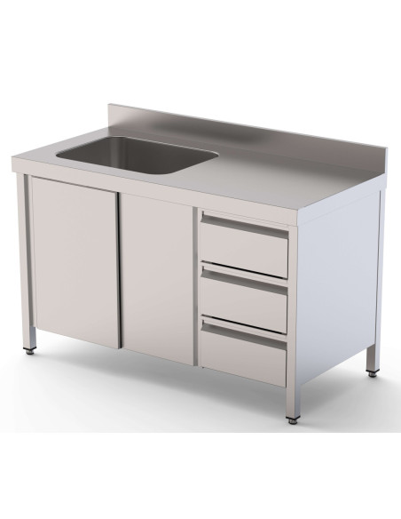 Mesa de Trabajo Acero Inoxidable Mural Con Puertas y Con Cubeta a la Izquierda y Cajones 2400x600x850h mm WTW16024LBSDDR