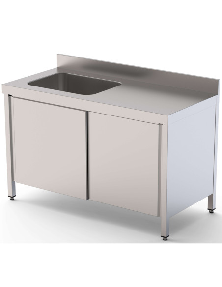 Mesa de Trabajo Acero Inoxidable Mural Con Puertas y Con Cubeta a la Izquierda 1400x700x850h mm WTW17014LBSD