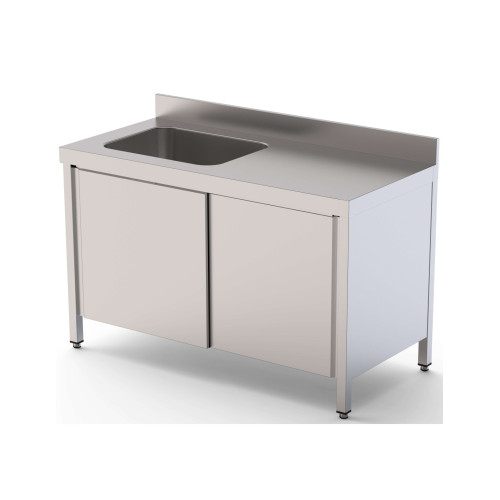 Mesa de Trabajo Acero Inoxidable Mural Con Puertas y Con Cubeta a la Izquierda 2600x700x850h mm WTW17026LBSD