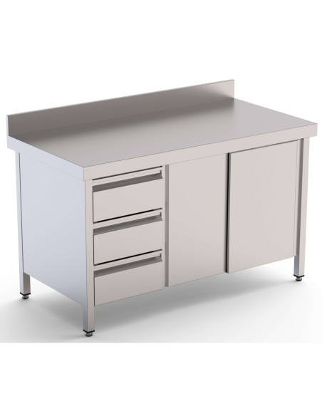 Mesa de Trabajo Acero Inoxidable Mural Con Cajones a la Izquierda 2400x600x850h mm WTW16024DDL