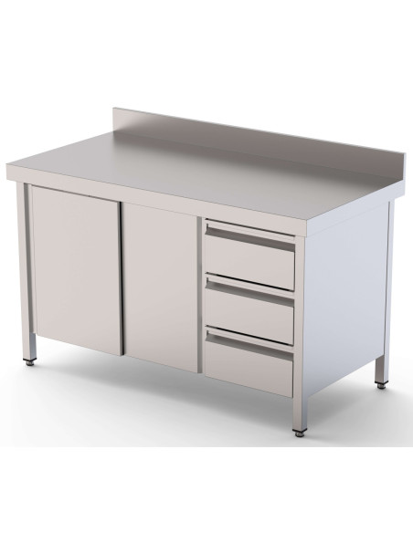 Mesa de Trabajo Acero Inoxidable Mural Con Cajones a la Derecha 2200x700x850h mm WTW17022DDR