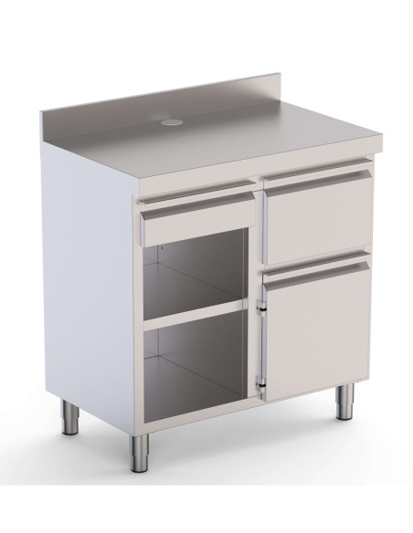 Mueble Cafetero Acero Inoxidable Con Tolva a la Derecha, 1 Estante, 1 Puerta y 1 Cajón 1000x600x1050h mm CST60100D2SRB