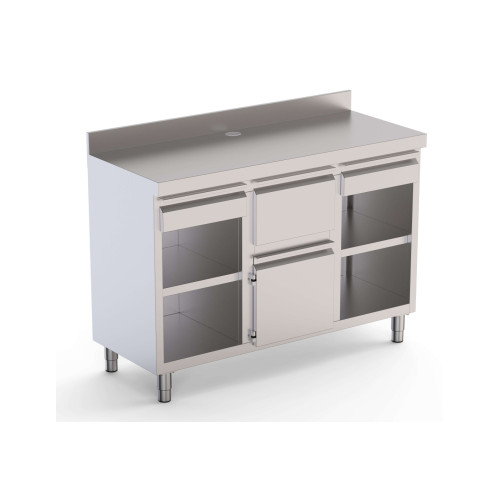 Mueble Cafetero Acero Inoxidable Con Tolva Central, 2 Estante, 1 Puerta y 2 Cajones 1500x600x1050h mm CST60150D2S