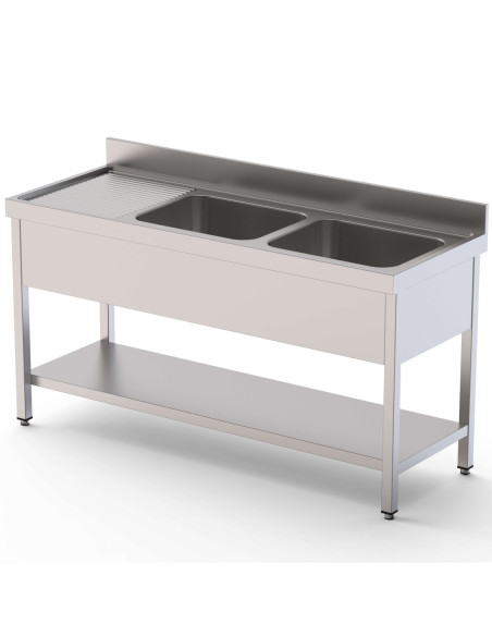 Fregadero Acero Inoxidable 2 Cuba Fondo 700 Con Mueble Con Estante 1400x700x850h mm IS1714C20S1