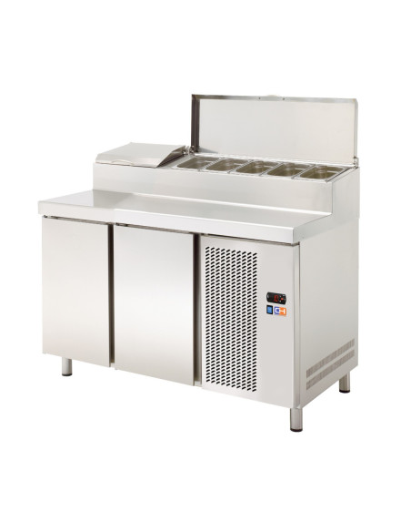 Mesa Refrigerada GN1/1  2 Puertas Preparación Encimera Inoxidable y Vitrina ingredientes GN1/3 1350x708x850h mm Línea