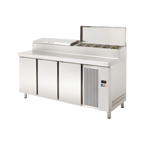 Mesa Refrigerada GN1/1  3 Puertas Preparación Encimera Inoxidable y Vitrina ingredientes GN1/3 1800x708x850h mm Línea