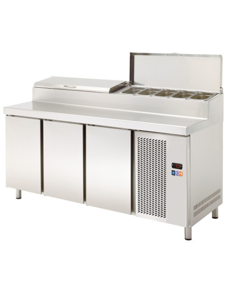 Mesa Refrigerada GN1/1  3 Puertas Preparación Encimera Inoxidable y Vitrina ingredientes GN1/3 1800x708x850h mm Línea
