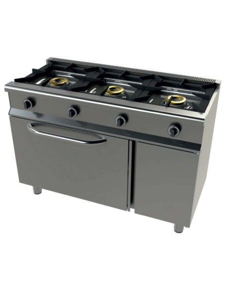 Cocina a gas con horno GN1/1 4,5Kw, 3 fuegos 8+8+8 Kw SerIe 550 JUNEX con medidas 1200x550x850h mm 6301/1