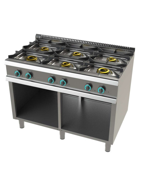 Cocina a gas con mueble de 6 fuegos 2x8+4,5+3x6 Kw SerIe 700 JUNEX con medidas 1200x730x900h mm FO7N600
