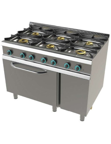 Cocina a gas con horno GN2/1 de 6 fuegos 2x8+4,5+3x6 Kw SerIe 700 JUNEX con medidas 1200x730x900h mm FO7N601