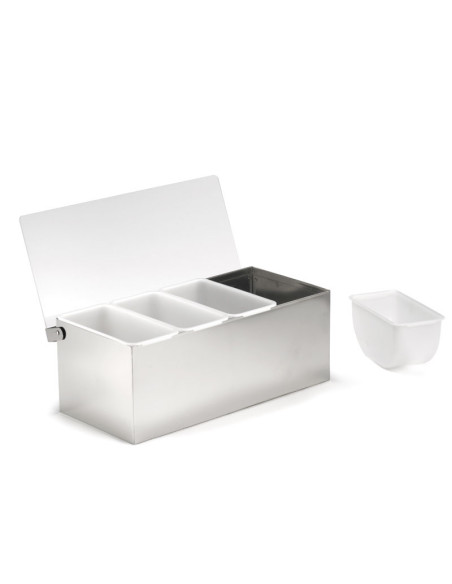 Dispensador de condimentos con tapa. 4 botecitos x 0,5 Litros/bote - 29,8 x 14 x 11,4 cm - Acero inoxidable