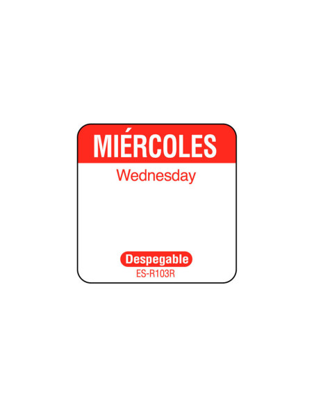 Rollo de 1000 etiquetas despegables para rotación de inventario MIERCOLES - 2,5 x 2,5 cm - Blanco y rojo - Venta 1 unidad.