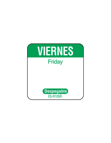 Rollo de 1000 etiquetas despegables para rotación de inventario VIERNES - 2,5 x 2,5 cm - Blanco y verde - Venta 1 unidad.