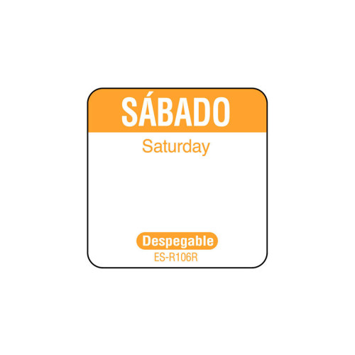 Rollo de 1000 etiquetas despegables para rotación de inventario SÁBADO - 2,5 x 2,5 cm - Blanco y naranja - Venta 1 unidad.