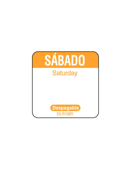 Rollo de 1000 etiquetas despegables para rotación de inventario SÁBADO - 2,5 x 2,5 cm - Blanco y naranja - Venta 1 unidad.