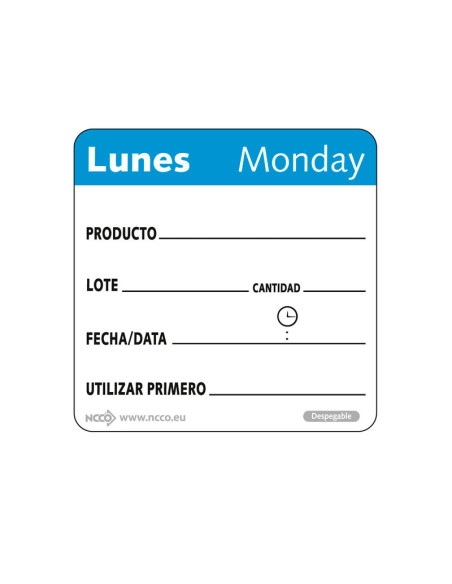 Rollo de 500 etiquetas - LUNES - 5 x 5 cm - Blanco y azul - Venta 1 unidad.