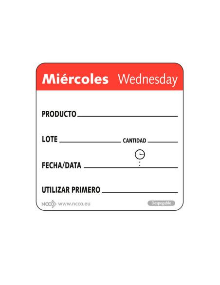 Rollo de 500 etiquetas - MIÉRCOLES - 5 x 5 cm - Blanco y rojo - Venta 1 unidad.