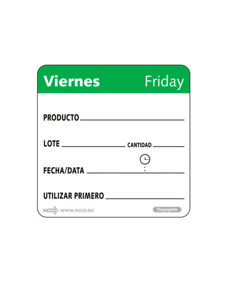 Rollo de 500 etiquetas - VIERNES - 5 x 5 cm - Blanco y verde - Venta 1 unidad.