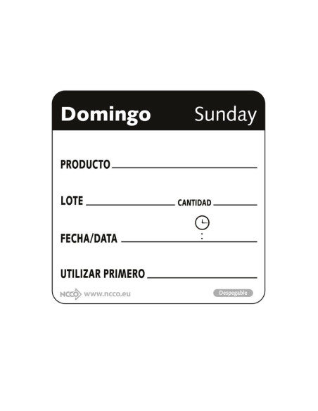 Rollo de 500 etiquetas - DOMINGO - 5 x 5 cm - Blanco y negro - Venta 1 unidad.