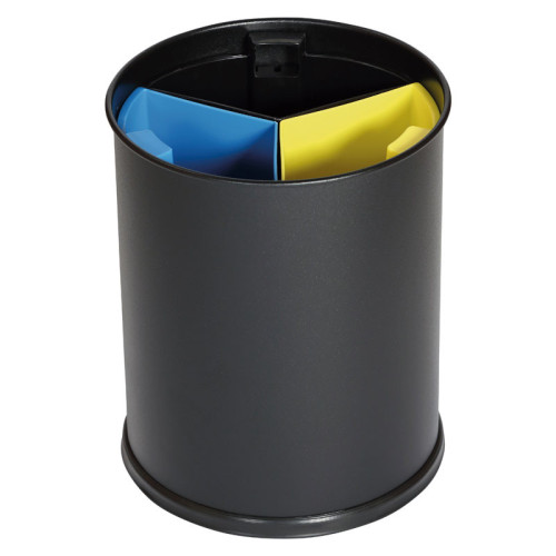 Papelera de separación de residuos con recipientes separadores de colores - 13 L de capacidad - 25,5 cm Ø x 30,8 cm - Negro