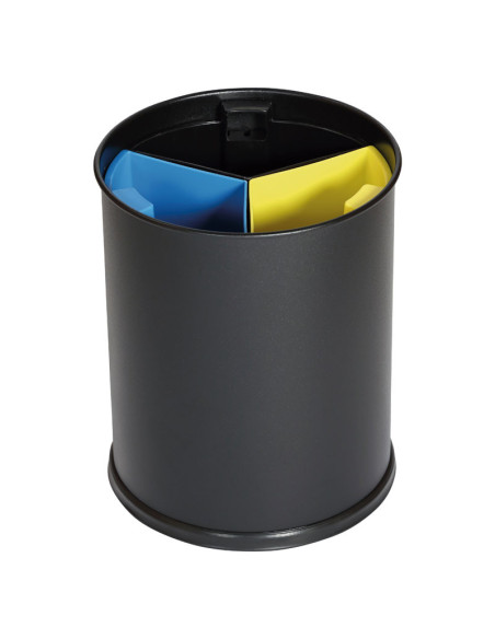 Papelera de separación de residuos con recipientes separadores de colores - 13 L de capacidad - 25,5 cm Ø x 30,8 cm - Negro